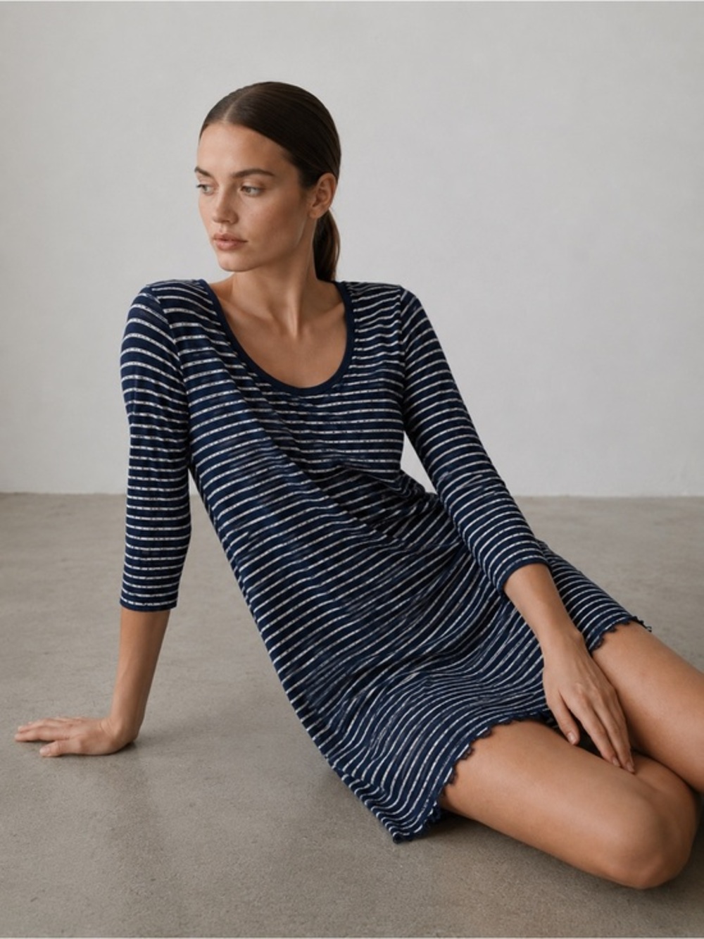 ATM Anthony Thomas Melillo navy and white striped cotton raw hem shirt dress M